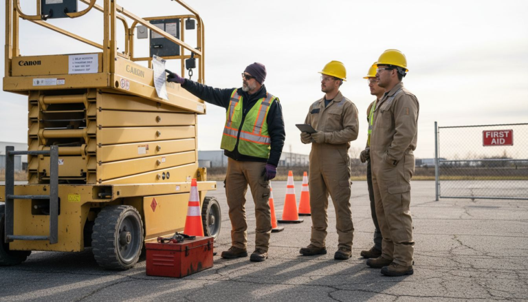 Instructor teaches safe scissor lift operation outdoors