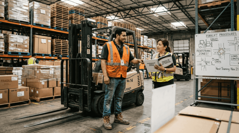 Forklift operator receiving bilingual safety training