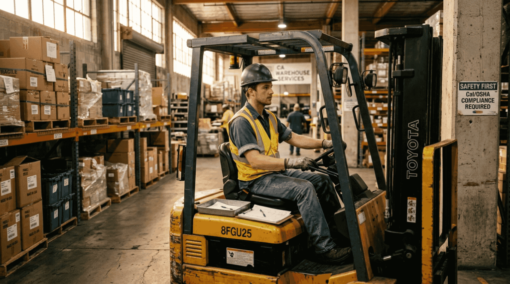 Forklift operator driving in California warehouse