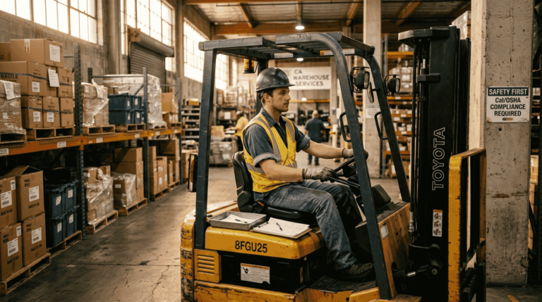 Forklift operator driving in California warehouse